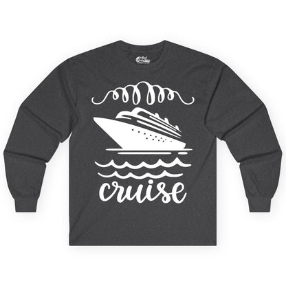 Cruise Shirt - Nautical Ocean Waves Cruise Vacation Shirt for Travelers (Long Sleeve) in Dark Heather - Cruise Ship and Ocean Waves Bold Nautical Graphic Cruise Shirt
