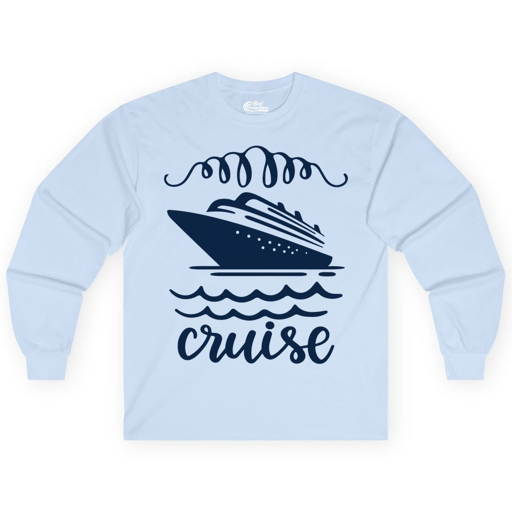 Cruise Shirt - Nautical Ocean Waves Cruise Vacation Shirt for Travelers (Long Sleeve) in Light Blue - Cruise Ship and Ocean Waves Bold Nautical Graphic Cruise Shirt