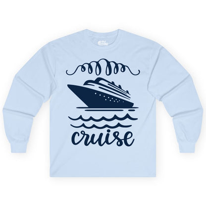 Cruise Shirt - Nautical Ocean Waves Cruise Vacation Shirt for Travelers (Long Sleeve) in Light Blue - Cruise Ship and Ocean Waves Bold Nautical Graphic Cruise Shirt