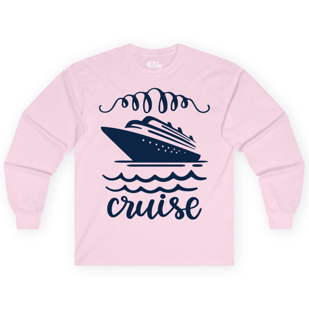 Cruise Shirt - Nautical Ocean Waves Cruise Vacation Shirt for Travelers (Long Sleeve) in Light Pink - Cruise Ship and Ocean Waves Bold Nautical Graphic Cruise Shirt