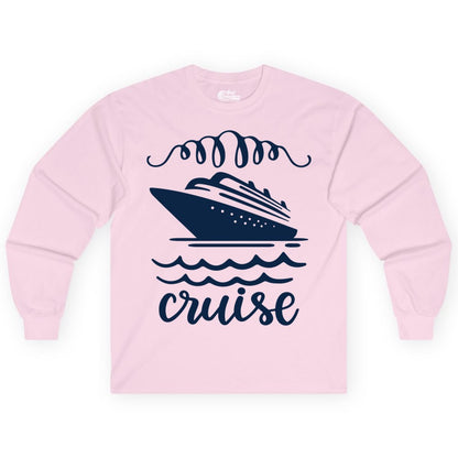 Cruise Shirt - Nautical Ocean Waves Cruise Vacation Shirt for Travelers (Long Sleeve) in Light Pink - Cruise Ship and Ocean Waves Bold Nautical Graphic Cruise Shirt