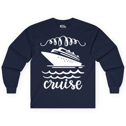 Cruise Shirt - Nautical Ocean Waves Cruise Vacation Shirt for Travelers (Long Sleeve) in Navy - Cruise Ship and Ocean Waves Bold Nautical Graphic Cruise Shirt