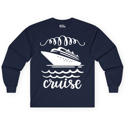 Cruise Shirt - Nautical Ocean Waves Cruise Vacation Shirt for Travelers (Long Sleeve) in Navy - Cruise Ship and Ocean Waves Bold Nautical Graphic Cruise Shirt