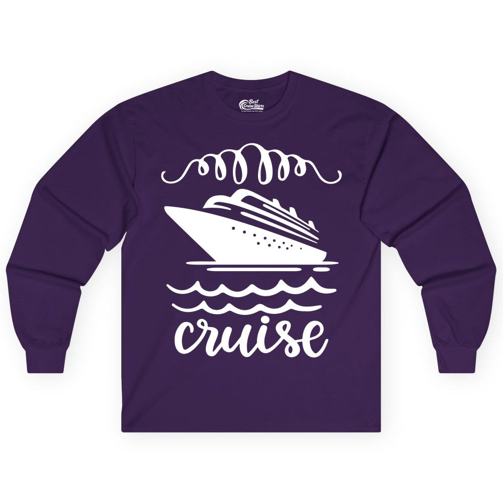 Cruise Shirt - Nautical Ocean Waves Cruise Vacation Shirt for Travelers (Long Sleeve) in Purple - Cruise Ship and Ocean Waves Bold Nautical Graphic Cruise Shirt