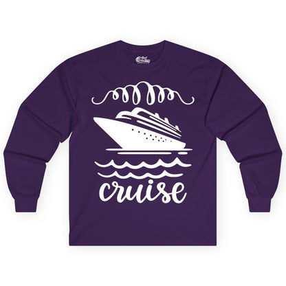 Cruise Shirt - Nautical Ocean Waves Cruise Vacation Shirt for Travelers (Long Sleeve) in Purple - Cruise Ship and Ocean Waves Bold Nautical Graphic Cruise Shirt