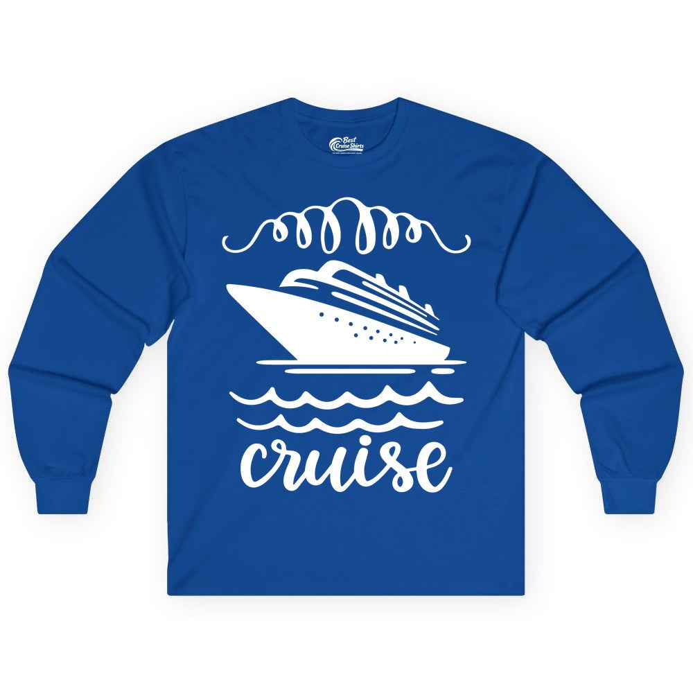 Cruise Shirt - Nautical Ocean Waves Cruise Vacation Shirt for Travelers (Long Sleeve) in Royal - Cruise Ship and Ocean Waves Bold Nautical Graphic Cruise Shirt