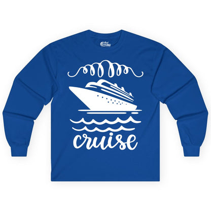 Cruise Shirt - Nautical Ocean Waves Cruise Vacation Shirt for Travelers (Long Sleeve) in Royal - Cruise Ship and Ocean Waves Bold Nautical Graphic Cruise Shirt