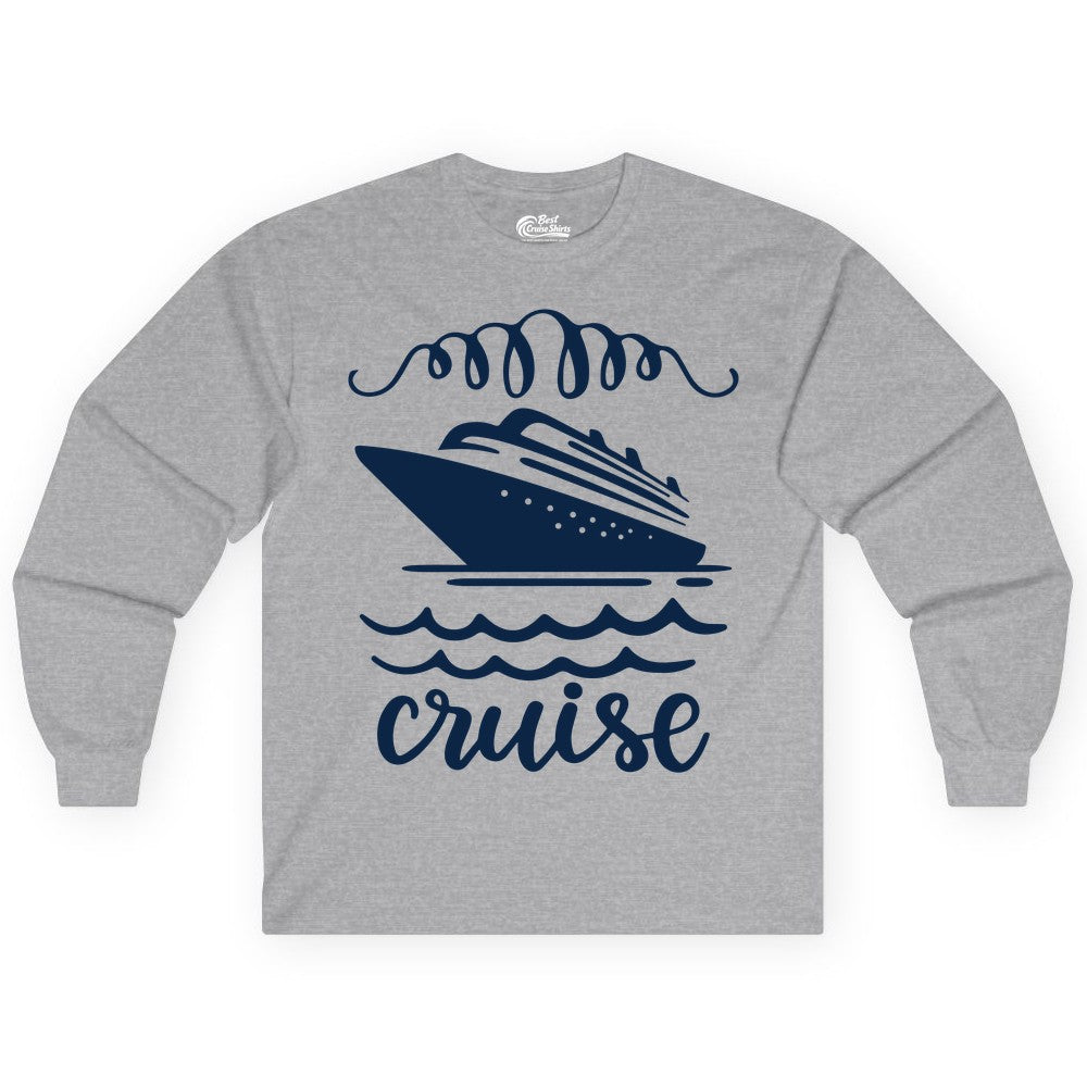 Cruise Shirt - Nautical Ocean Waves Cruise Vacation Shirt for Travelers (Long Sleeve) in Sport Grey - Cruise Ship and Ocean Waves Bold Nautical Graphic Cruise Shirt