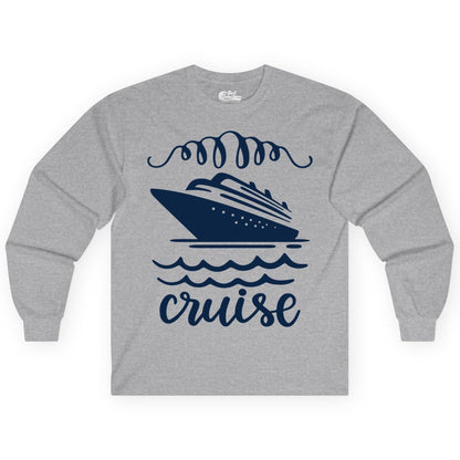Cruise Shirt - Nautical Ocean Waves Cruise Vacation Shirt for Travelers (Long Sleeve) in Sport Grey - Cruise Ship and Ocean Waves Bold Nautical Graphic Cruise Shirt