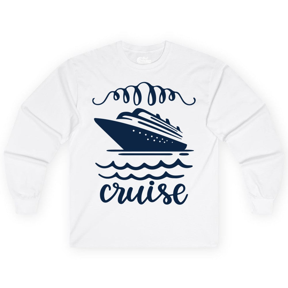 Cruise Shirt - Nautical Ocean Waves Cruise Vacation Shirt for Travelers (Long Sleeve) in White - Cruise Ship and Ocean Waves Bold Nautical Graphic Cruise Shirt