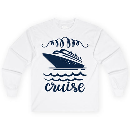 Cruise Shirt - Nautical Ocean Waves Cruise Vacation Shirt for Travelers (Long Sleeve) in White - Cruise Ship and Ocean Waves Bold Nautical Graphic Cruise Shirt