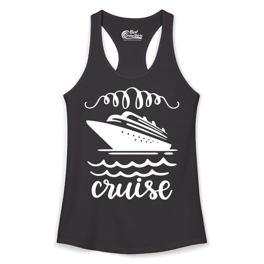 Cruise Shirt - Nautical Ocean Waves Cruise Vacation Shirt for Travelers (Ladies Tank) in Black - Cruise Ship and Ocean Waves Bold Nautical Graphic Cruise Shirt