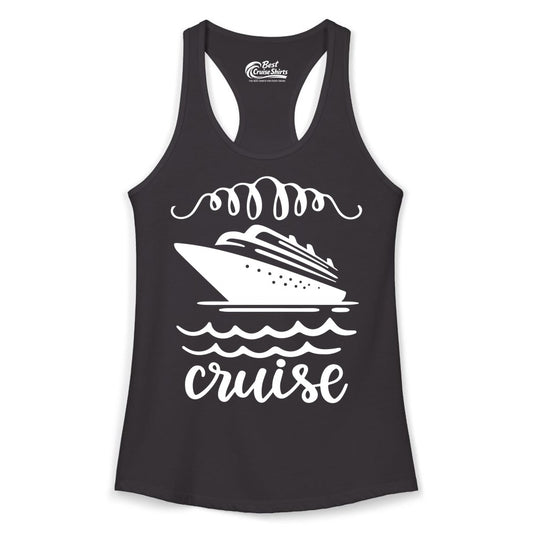 Cruise Shirt - Nautical Ocean Waves Cruise Vacation Shirt for Travelers (Ladies Tank) in Black - Cruise Ship and Ocean Waves Bold Nautical Graphic Cruise Shirt