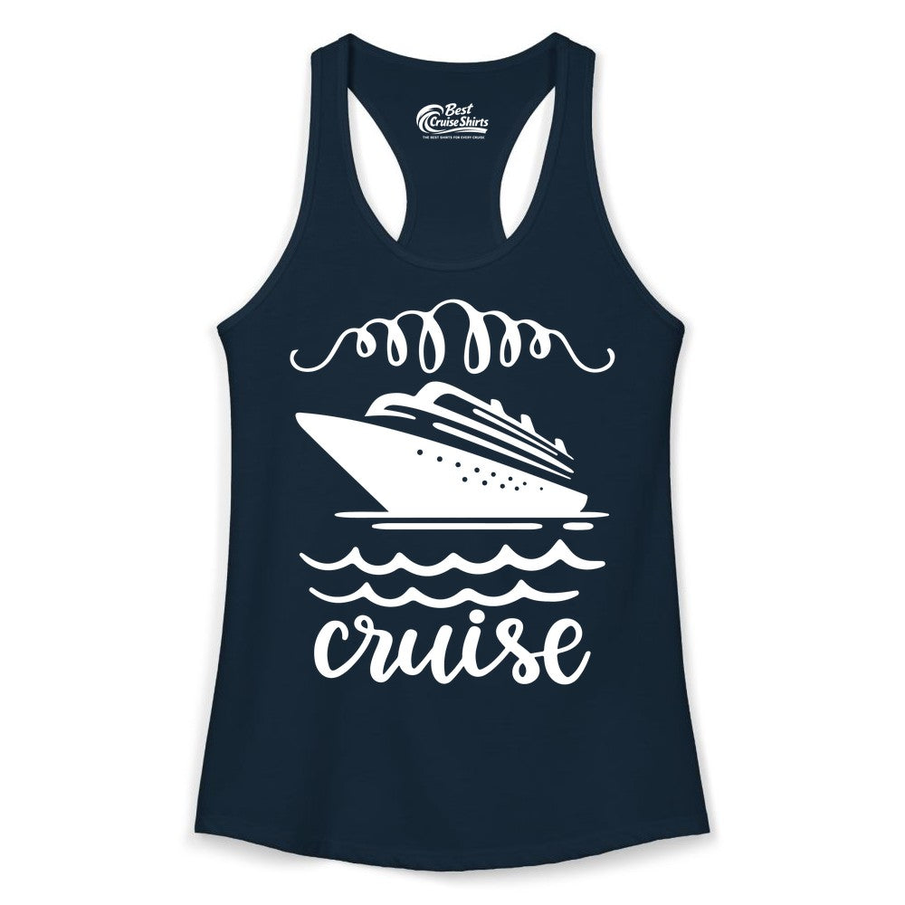 Cruise Shirt - Nautical Ocean Waves Cruise Vacation Shirt for Travelers (Ladies Tank) in Solid Midnight Navy - Cruise Ship and Ocean Waves Bold Nautical Graphic Cruise Shirt