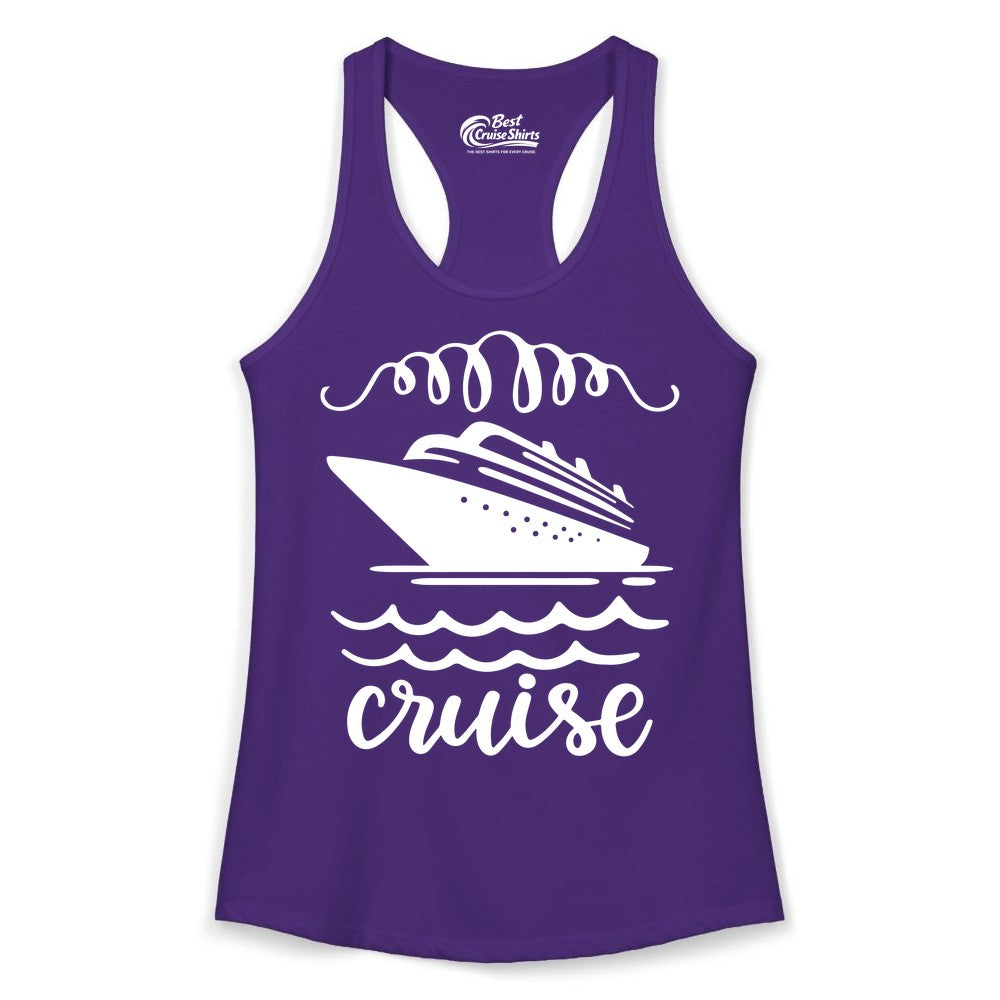 Cruise Shirt - Nautical Ocean Waves Cruise Vacation Shirt for Travelers (Ladies Tank) in Solid Purple Rush - Cruise Ship and Ocean Waves Bold Nautical Graphic Cruise Shirt