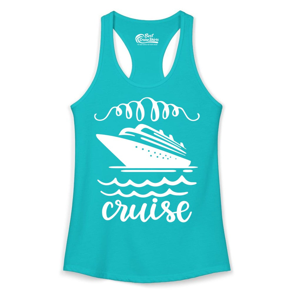 Cruise Shirt - Nautical Ocean Waves Cruise Vacation Shirt for Travelers (Ladies Tank) in Tahiti Blue - Cruise Ship and Ocean Waves Bold Nautical Graphic Cruise Shirt