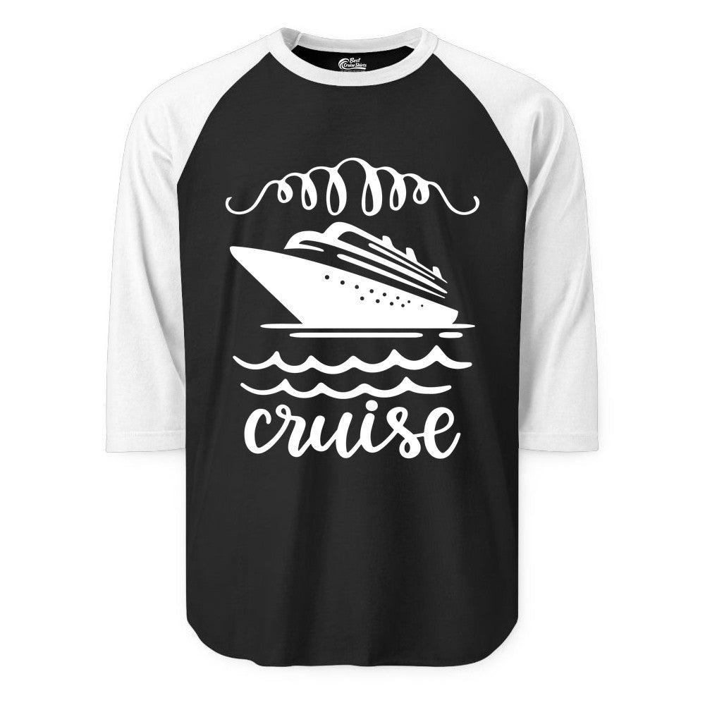 Cruise Shirt - Nautical Ocean Waves Cruise Vacation Shirt for Travelers (Raglan) in BlackWhite - Cruise Ship and Ocean Waves Bold Nautical Graphic Cruise Shirt