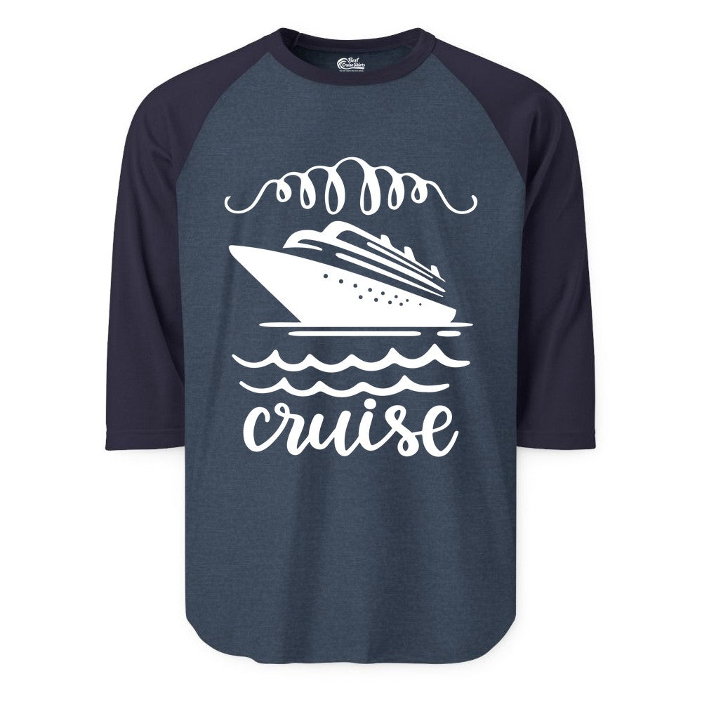 Cruise Shirt - Nautical Ocean Waves Cruise Vacation Shirt for Travelers (Raglan) in Heather DenimNavy - Cruise Ship and Ocean Waves Bold Nautical Graphic Cruise Shirt