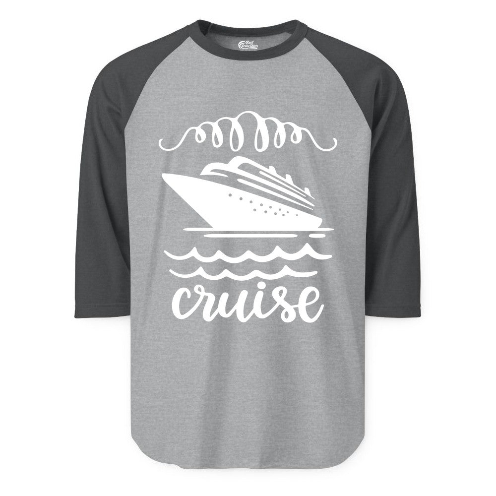 Cruise Shirt - Nautical Ocean Waves Cruise Vacation Shirt for Travelers (Raglan) in Heather GreyHeather Charcoal - Cruise Ship and Ocean Waves Bold Nautical Graphic Cruise Shirt