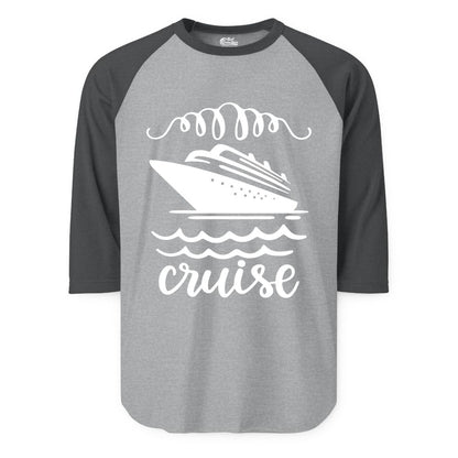 Cruise Shirt - Nautical Ocean Waves Cruise Vacation Shirt for Travelers (Raglan) in Heather GreyHeather Charcoal - Cruise Ship and Ocean Waves Bold Nautical Graphic Cruise Shirt