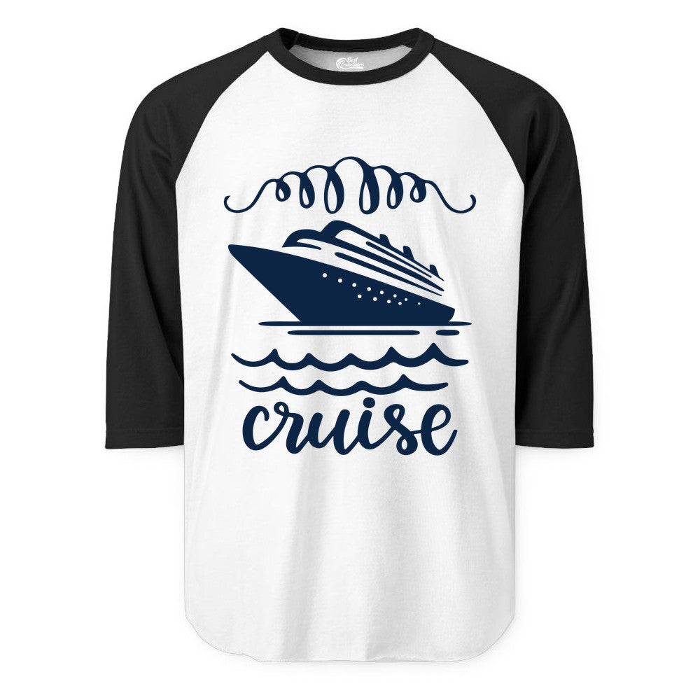 Cruise Shirt - Nautical Ocean Waves Cruise Vacation Shirt for Travelers (Raglan) in WhiteBlack - Cruise Ship and Ocean Waves Bold Nautical Graphic Cruise Shirt