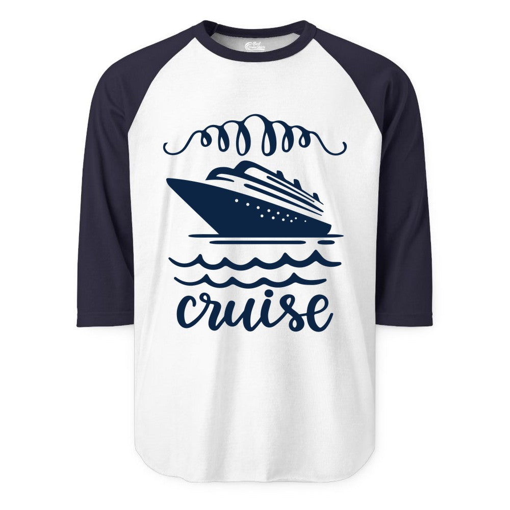 Cruise Shirt - Nautical Ocean Waves Cruise Vacation Shirt for Travelers (Raglan) in WhiteNavy - Cruise Ship and Ocean Waves Bold Nautical Graphic Cruise Shirt