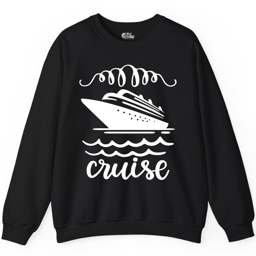 Cruise Shirt - Nautical Ocean Waves Cruise Vacation Shirt for Travelers (Sweatshirt) in Black - Cruise Ship and Ocean Waves Bold Nautical Graphic Cruise Shirt