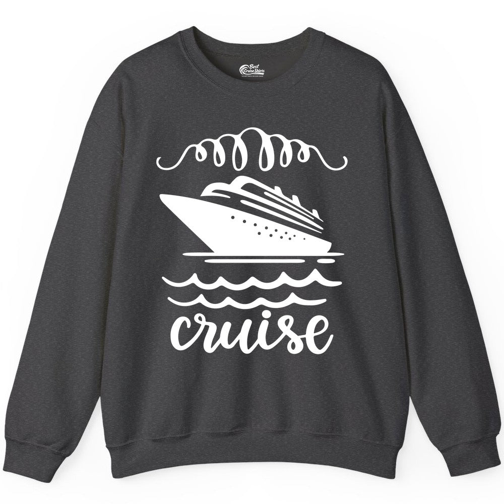 Cruise Shirt - Nautical Ocean Waves Cruise Vacation Shirt for Travelers (Sweatshirt) in Dark Heather - Cruise Ship and Ocean Waves Bold Nautical Graphic Cruise Shirt