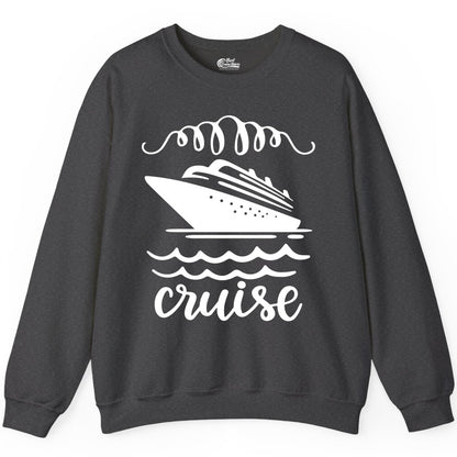 Cruise Shirt - Nautical Ocean Waves Cruise Vacation Shirt for Travelers (Sweatshirt) in Dark Heather - Cruise Ship and Ocean Waves Bold Nautical Graphic Cruise Shirt