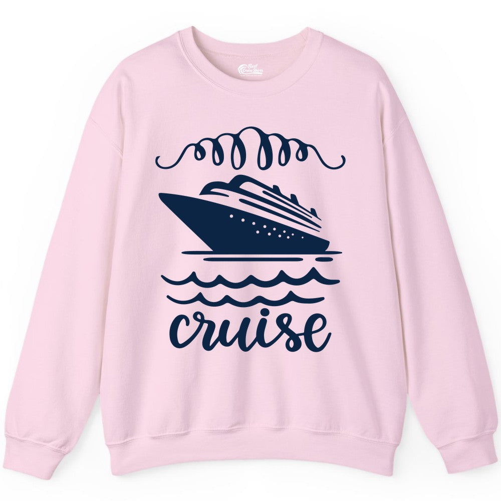 Cruise Shirt - Nautical Ocean Waves Cruise Vacation Shirt for Travelers (Sweatshirt) in Light Pink - Cruise Ship and Ocean Waves Bold Nautical Graphic Cruise Shirt