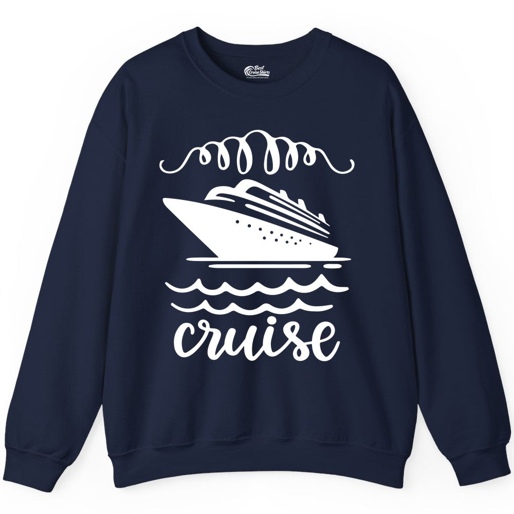 Cruise Shirt - Nautical Ocean Waves Cruise Vacation Shirt for Travelers (Sweatshirt) in Navy - Cruise Ship and Ocean Waves Bold Nautical Graphic Cruise Shirt