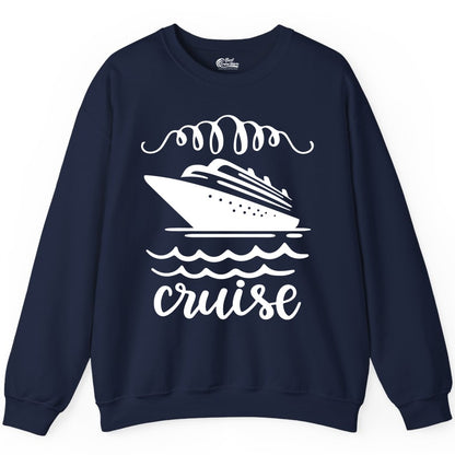 Cruise Shirt - Nautical Ocean Waves Cruise Vacation Shirt for Travelers (Sweatshirt) in Navy - Cruise Ship and Ocean Waves Bold Nautical Graphic Cruise Shirt