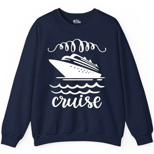Cruise Shirt - Nautical Ocean Waves Cruise Vacation Shirt for Travelers (Sweatshirt) in Navy - Cruise Ship and Ocean Waves Bold Nautical Graphic Cruise Shirt