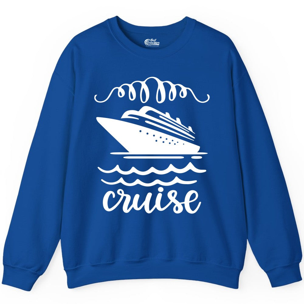 Cruise Shirt - Nautical Ocean Waves Cruise Vacation Shirt for Travelers (Sweatshirt) in Royal - Cruise Ship and Ocean Waves Bold Nautical Graphic Cruise Shirt