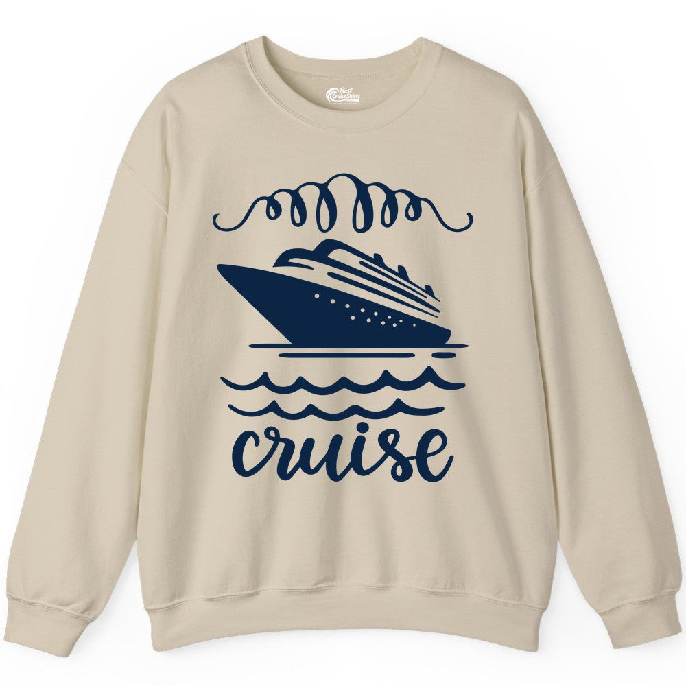 Cruise Shirt - Nautical Ocean Waves Cruise Vacation Shirt for Travelers (Sweatshirt) in Sand - Cruise Ship and Ocean Waves Bold Nautical Graphic Cruise Shirt