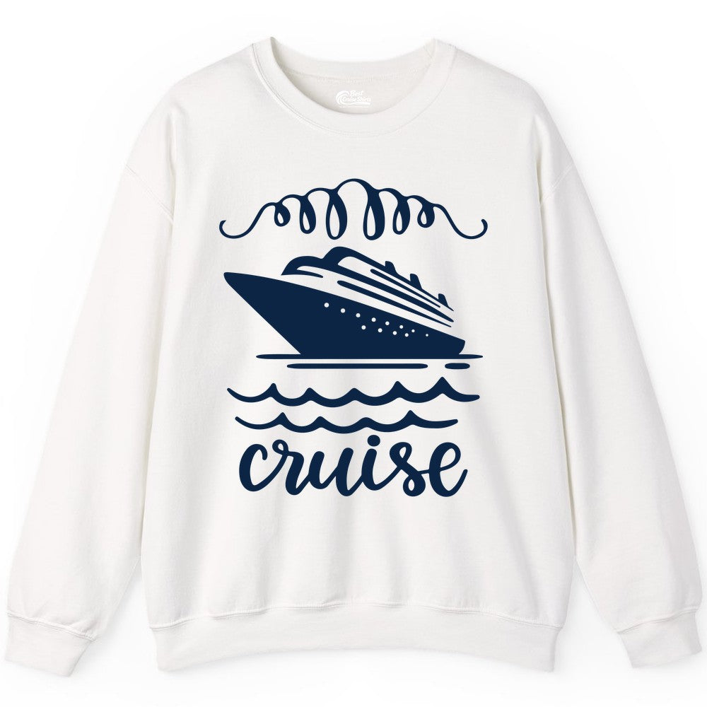 Cruise Shirt - Nautical Ocean Waves Cruise Vacation Shirt for Travelers (Sweatshirt) in White - Cruise Ship and Ocean Waves Bold Nautical Graphic Cruise Shirt