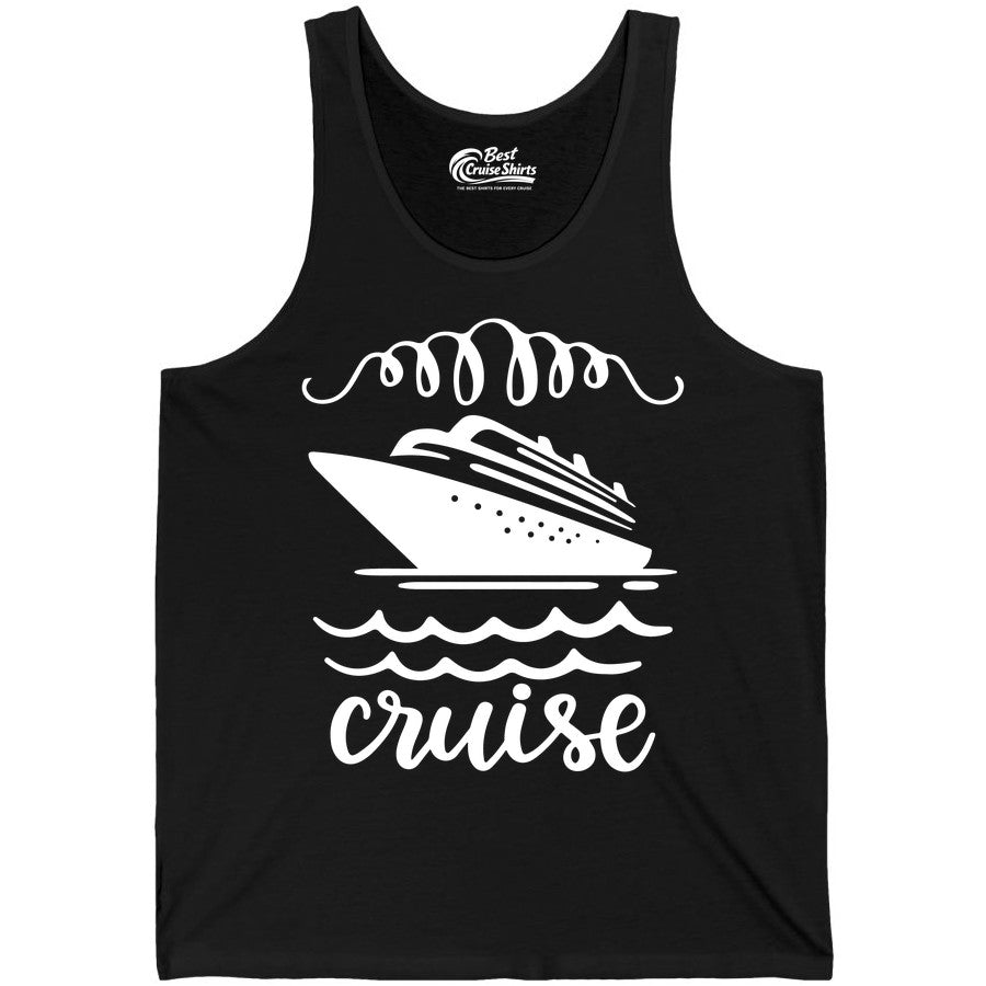 Cruise Shirt - Nautical Ocean Waves Cruise Vacation Shirt for Travelers (Tank Top) in Black - Cruise Ship and Ocean Waves Bold Nautical Graphic Cruise Shirt