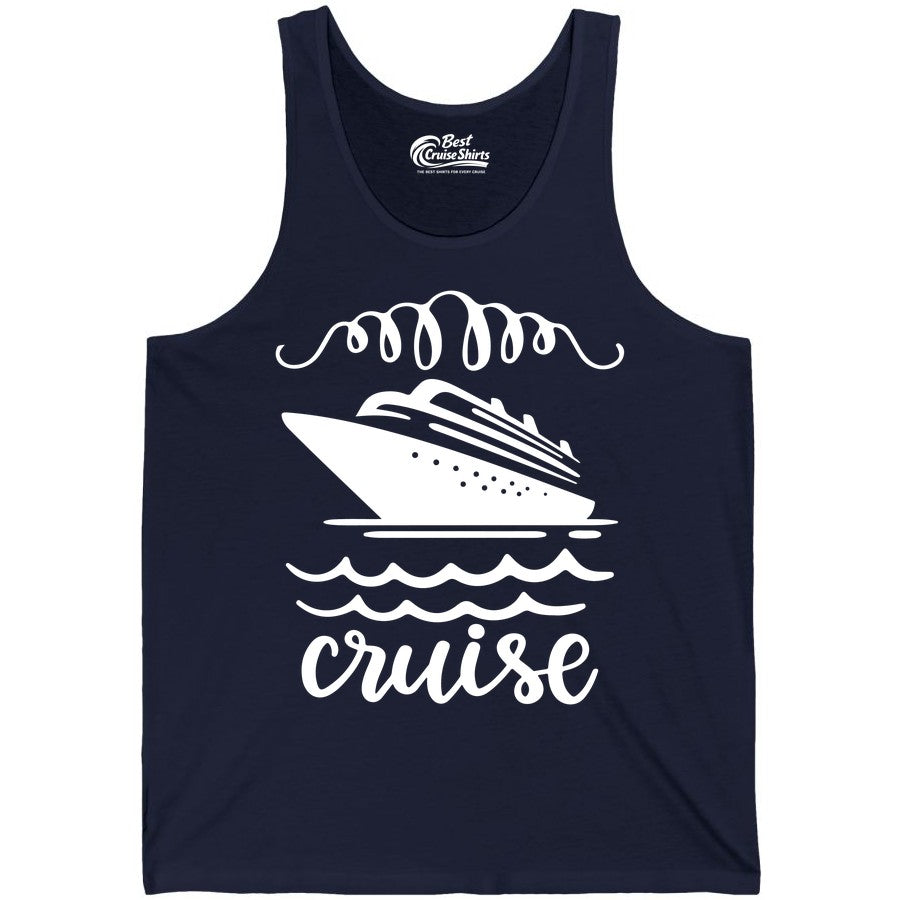 Cruise Shirt - Nautical Ocean Waves Cruise Vacation Shirt for Travelers (Tank Top) in Navy - Cruise Ship and Ocean Waves Bold Nautical Graphic Cruise Shirt