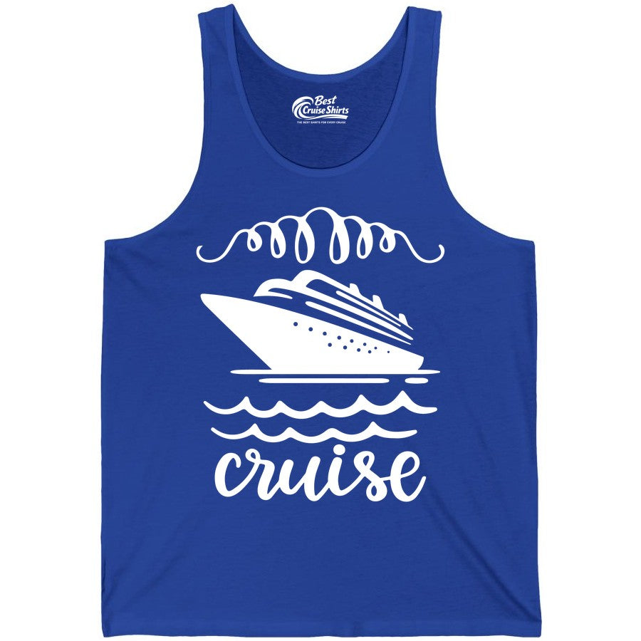 Cruise Shirt - Nautical Ocean Waves Cruise Vacation Shirt for Travelers (Tank Top) in True Royal - Cruise Ship and Ocean Waves Bold Nautical Graphic Cruise Shirt