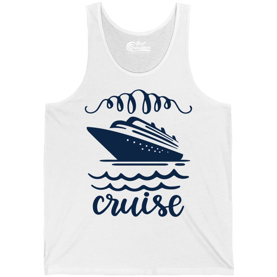 Cruise Shirt - Nautical Ocean Waves Cruise Vacation Shirt for Travelers (Tank Top) in White - Cruise Ship and Ocean Waves Bold Nautical Graphic Cruise Shirt