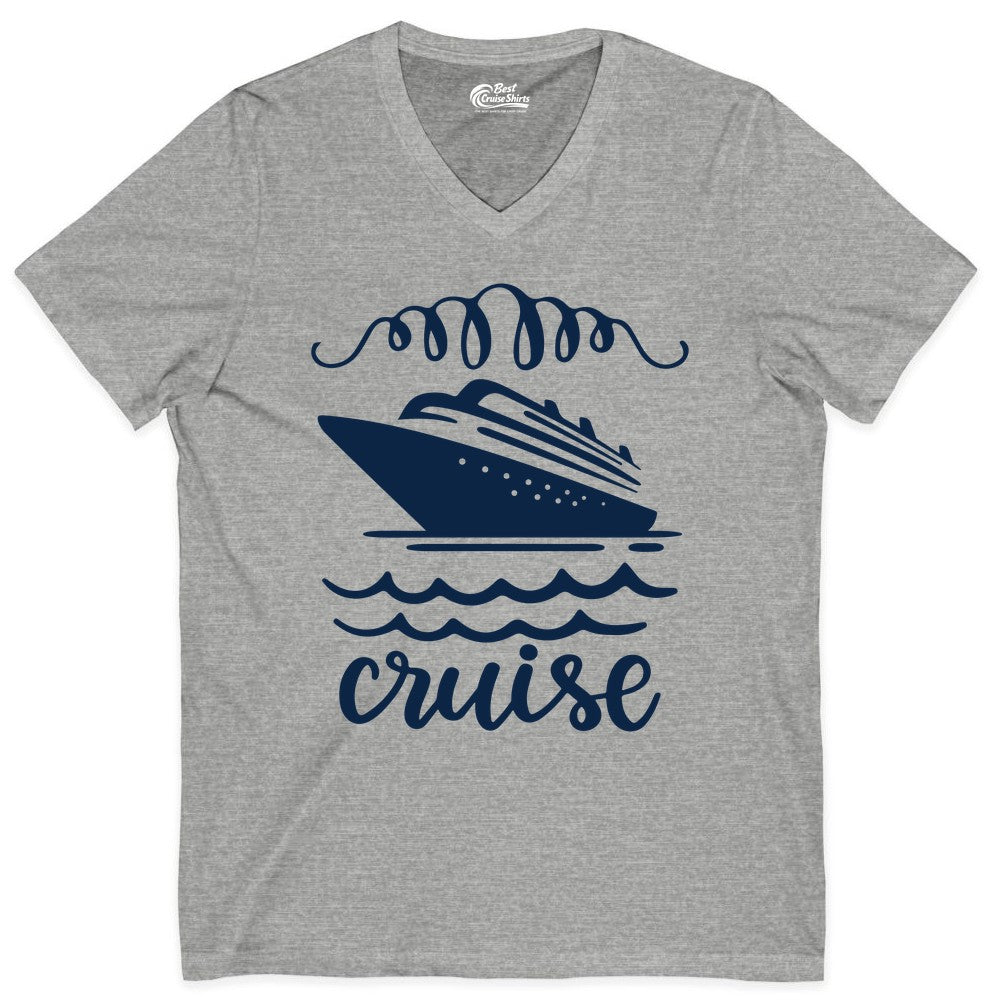 Cruise Shirt - Nautical Ocean Waves Cruise Vacation Shirt for Travelers (V-Neck) in Athletic Heather - Cruise Ship and Ocean Waves Bold Nautical Graphic Cruise Shirt