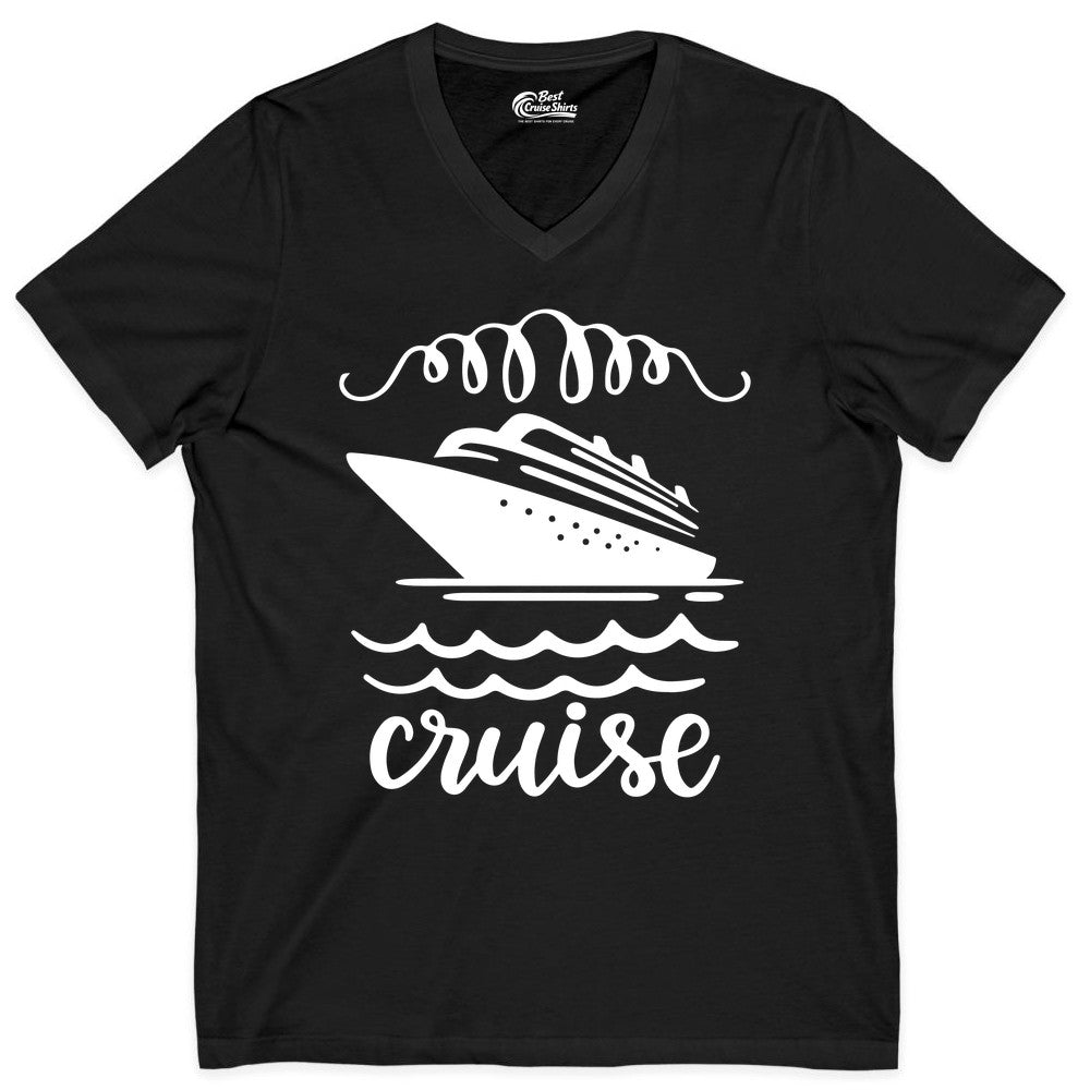 Cruise Shirt - Nautical Ocean Waves Cruise Vacation Shirt for Travelers (V-Neck) in Black - Cruise Ship and Ocean Waves Bold Nautical Graphic Cruise Shirt