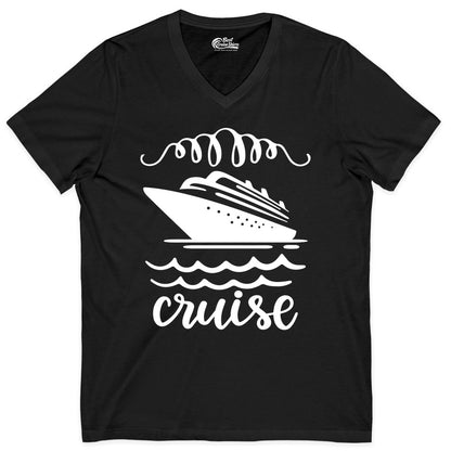 Cruise Shirt - Nautical Ocean Waves Cruise Vacation Shirt for Travelers (V-Neck) in Black - Cruise Ship and Ocean Waves Bold Nautical Graphic Cruise Shirt
