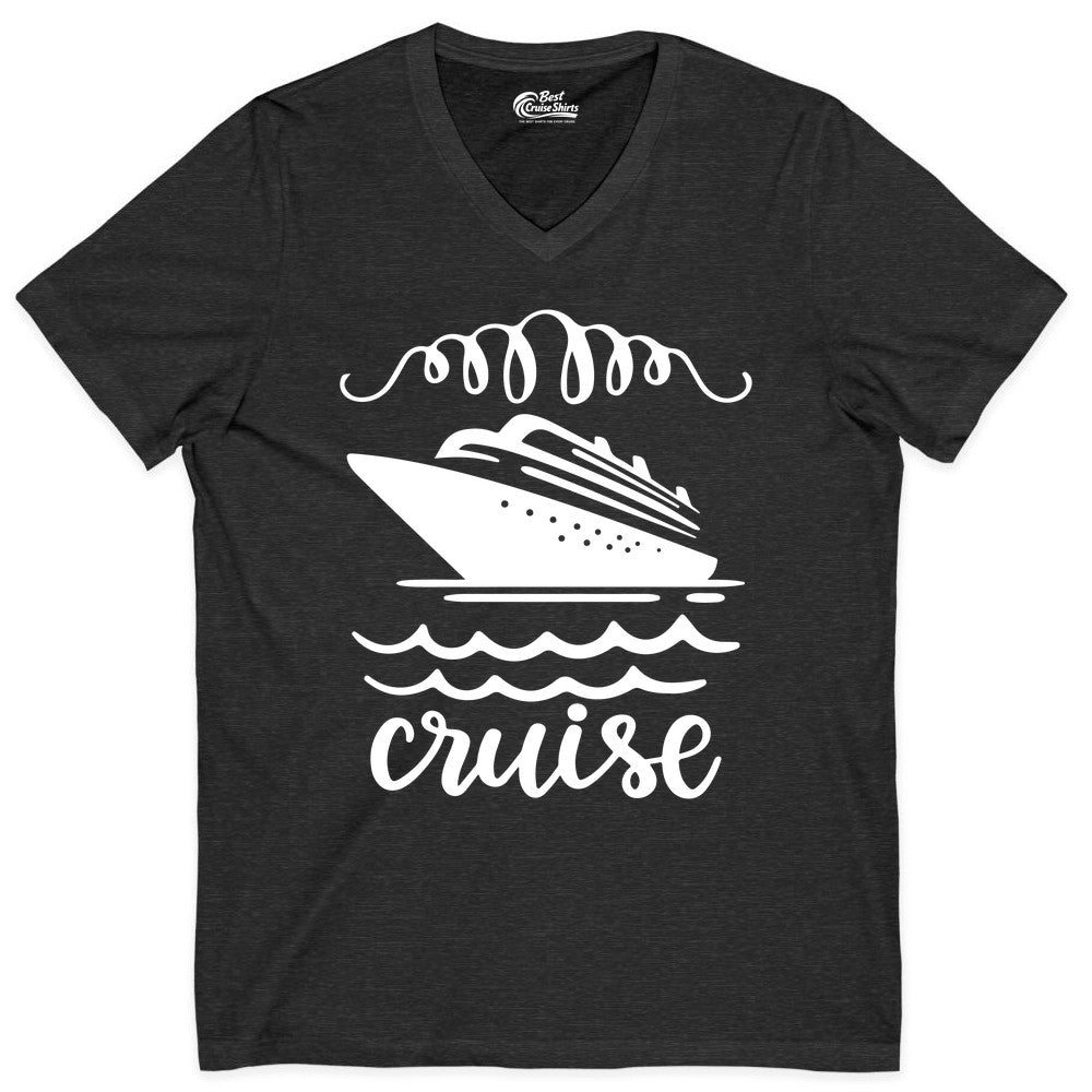 Cruise Shirt - Nautical Ocean Waves Cruise Vacation Shirt for Travelers (V-Neck) in Dark Grey Heather - Cruise Ship and Ocean Waves Bold Nautical Graphic Cruise Shirt