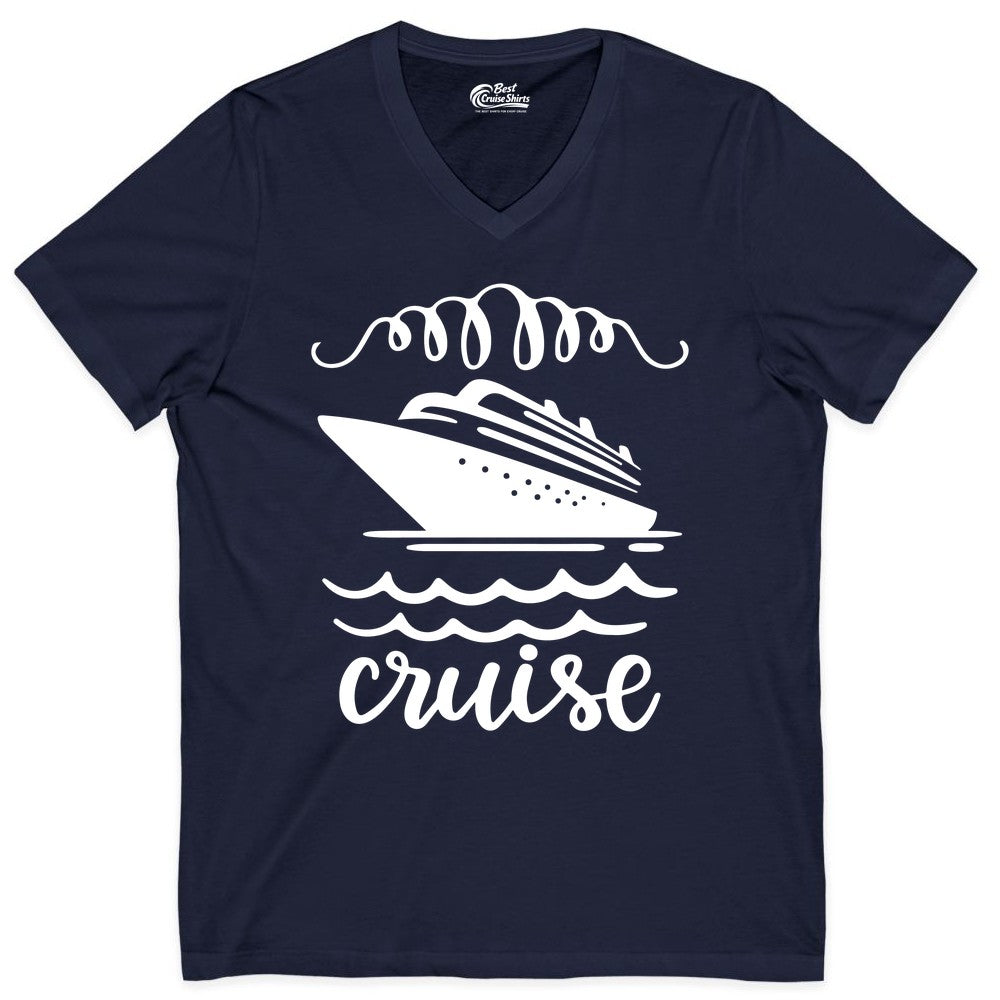 Cruise Shirt - Nautical Ocean Waves Cruise Vacation Shirt for Travelers (V-Neck) in Navy - Cruise Ship and Ocean Waves Bold Nautical Graphic Cruise Shirt