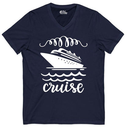 Cruise Shirt - Nautical Ocean Waves Cruise Vacation Shirt for Travelers (V-Neck) in Navy - Cruise Ship and Ocean Waves Bold Nautical Graphic Cruise Shirt