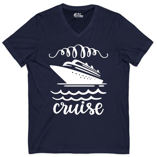 Cruise Shirt - Nautical Ocean Waves Cruise Vacation Shirt for Travelers (V-Neck) in Navy - Cruise Ship and Ocean Waves Bold Nautical Graphic Cruise Shirt
