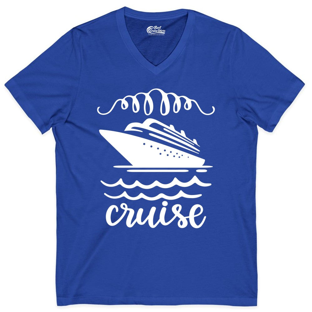 Cruise Shirt - Nautical Ocean Waves Cruise Vacation Shirt for Travelers (V-Neck) in True Royal - Cruise Ship and Ocean Waves Bold Nautical Graphic Cruise Shirt