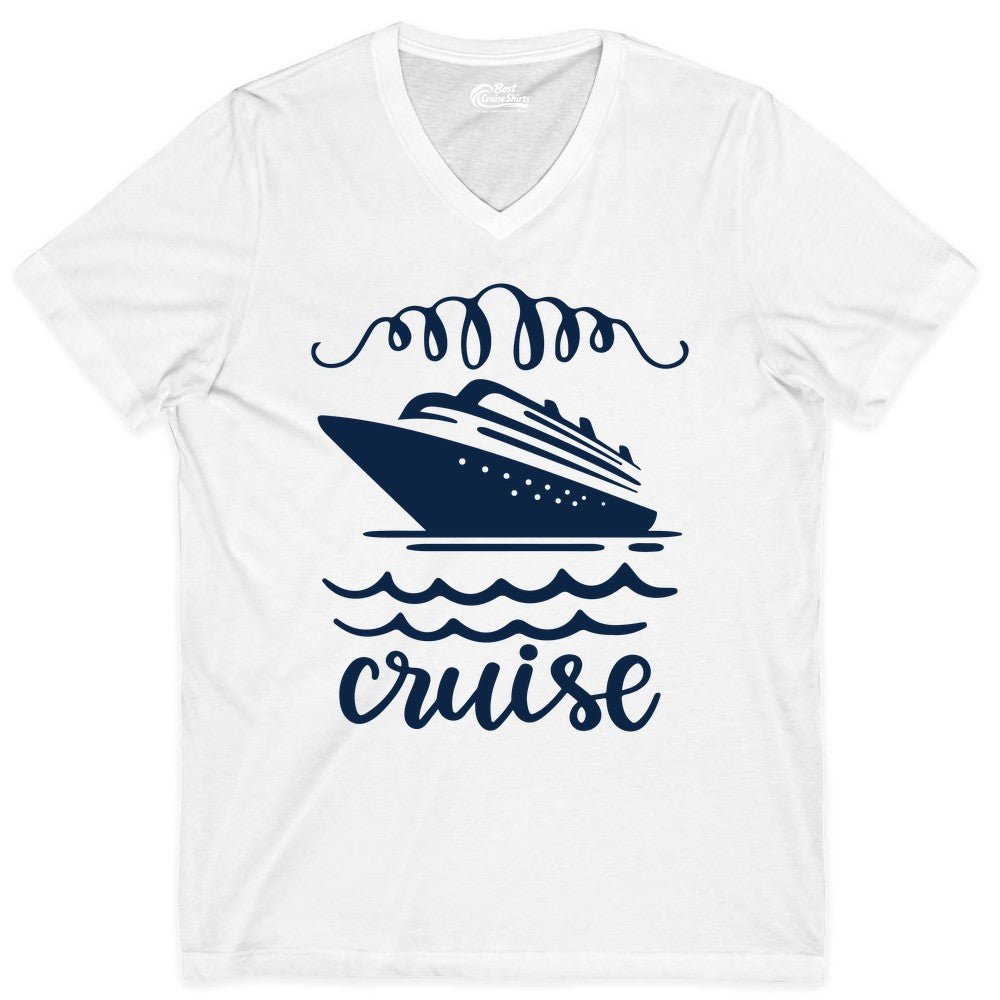 Cruise Shirt - Nautical Ocean Waves Cruise Vacation Shirt for Travelers (V-Neck) in White - Cruise Ship and Ocean Waves Bold Nautical Graphic Cruise Shirt