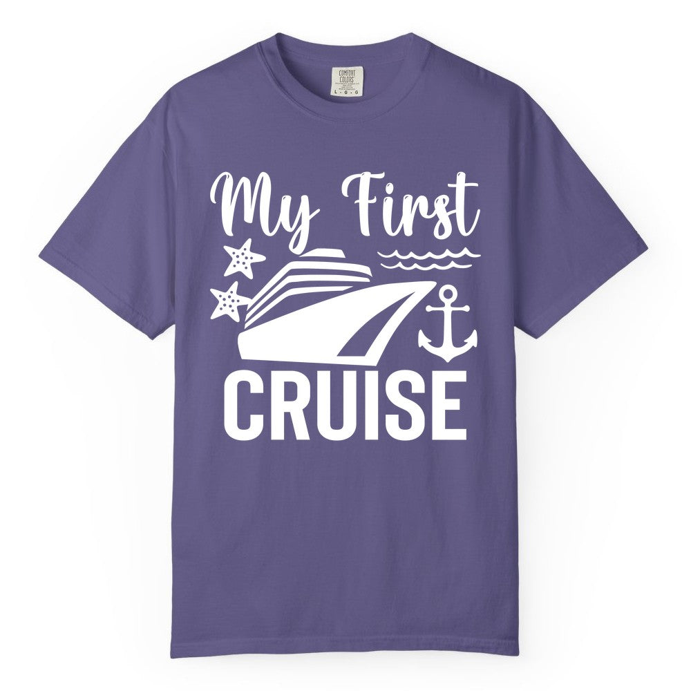 My First Cruise Shirt - Nautical Tee for First Time Cruisers (Comfort Color) in Grape - My First Cruise Shirt - Nautical Ship Anchor Starfish Waves Design